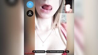 Busty girl's reaction to self-sucking