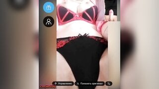Busty girl's reaction to self-sucking