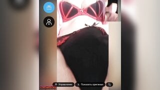 Busty girl's reaction to self-sucking