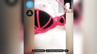 Busty girl's reaction to self-sucking