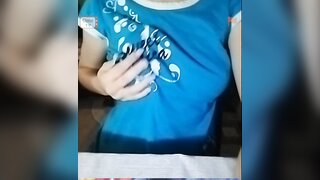 Horney girl squeezing her boobs and make me hard